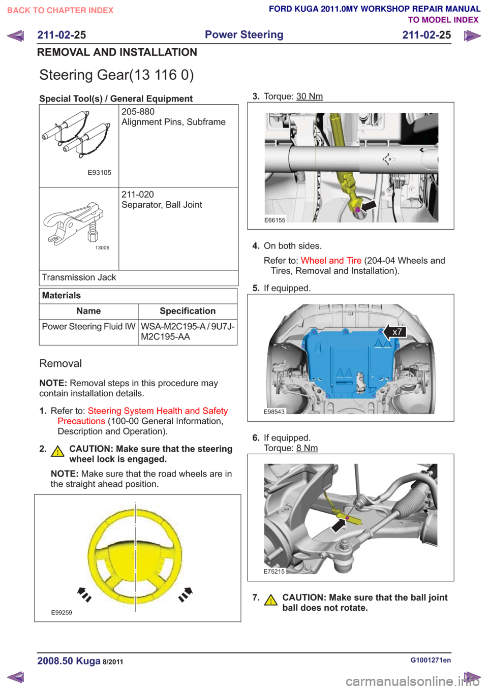 FORD KUGA 2011 1.G User Guide Steering Gear(13 116 0)
Special Tool(s) / General Equipment205-880
Alignment Pins, Subframe
E93105
211-020
Separator, Ball Joint
13006
Transmission Jack
Materials
Specification
Name
WSA-M2C195-A / 9U7