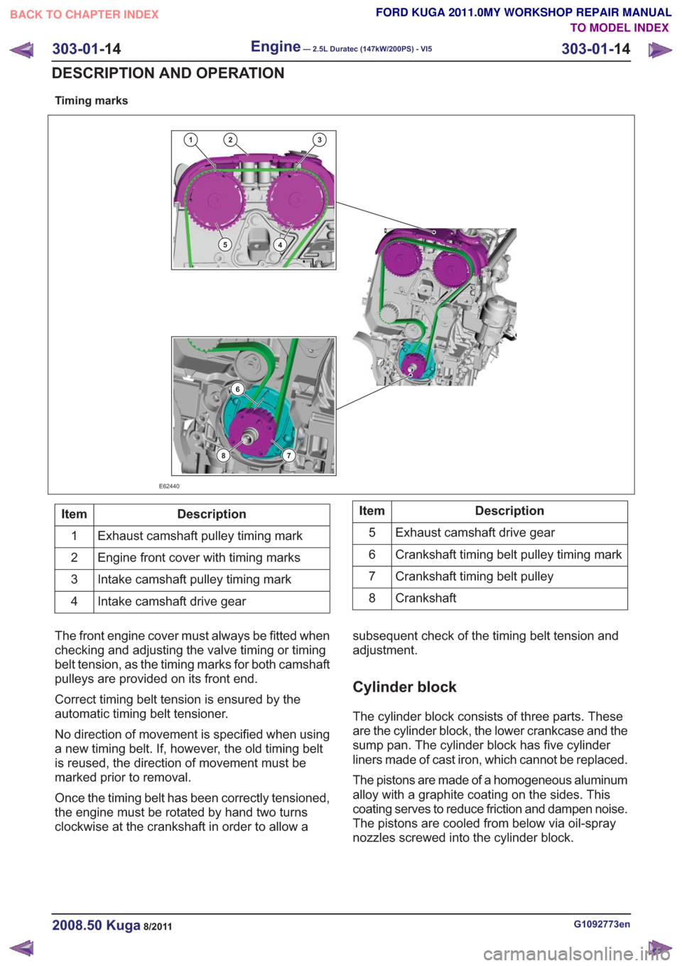 FORD KUGA 2011 1.G Workshop Manual Timing marks
132
45
6
78
E62440
Description
Item
Exhaust camshaft pulley timing mark
1
Engine front cover with timing marks
2
Intake camshaft pulley timing mark
3
Intake camshaft drive gear
4Descripti