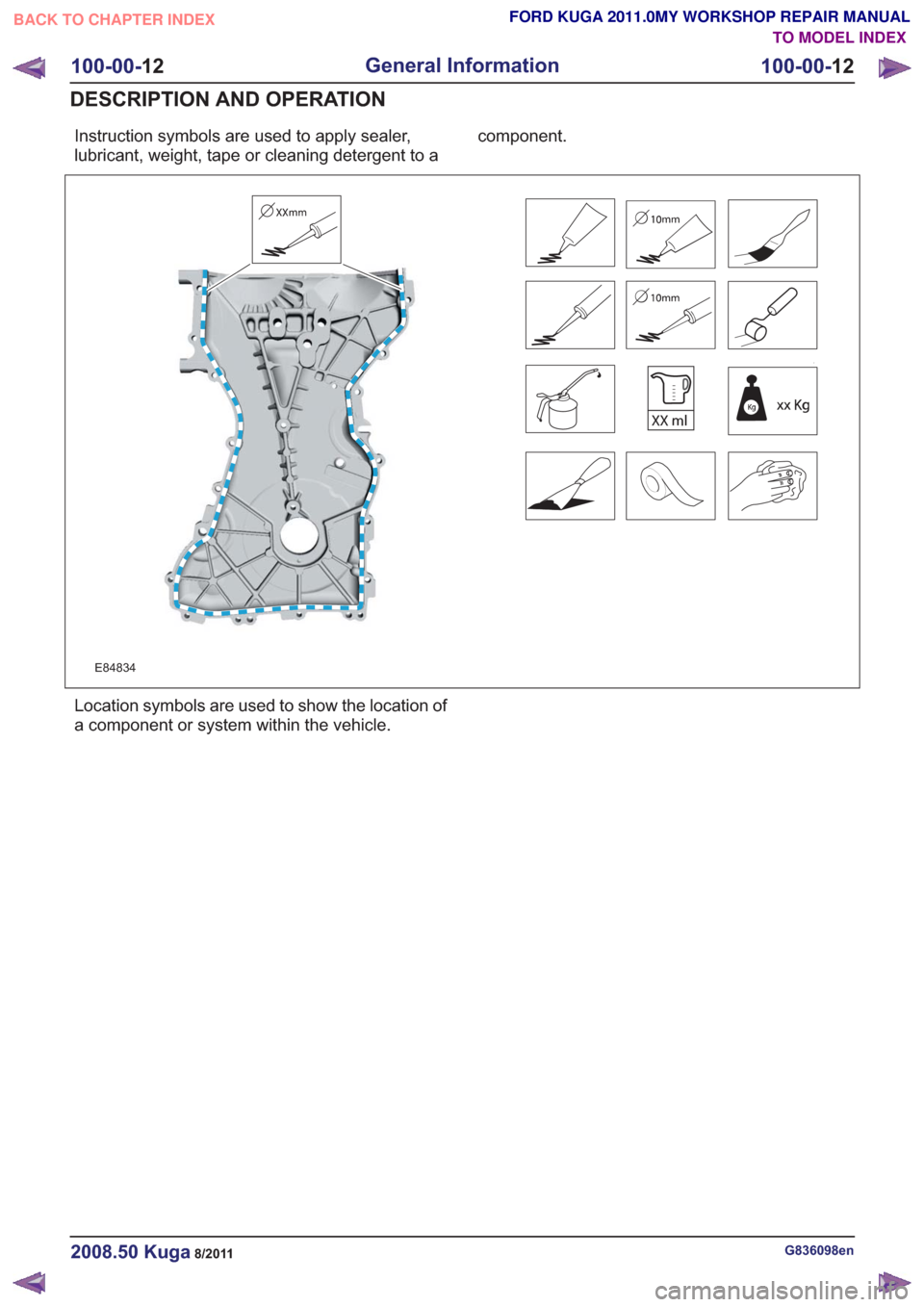 FORD KUGA 2011 1.G User Guide Instruction symbols are used to apply sealer,
lubricant, weight, tape or cleaning detergent to acomponent.
E84834
Location symbols are used to show the location of
a component or system within the veh