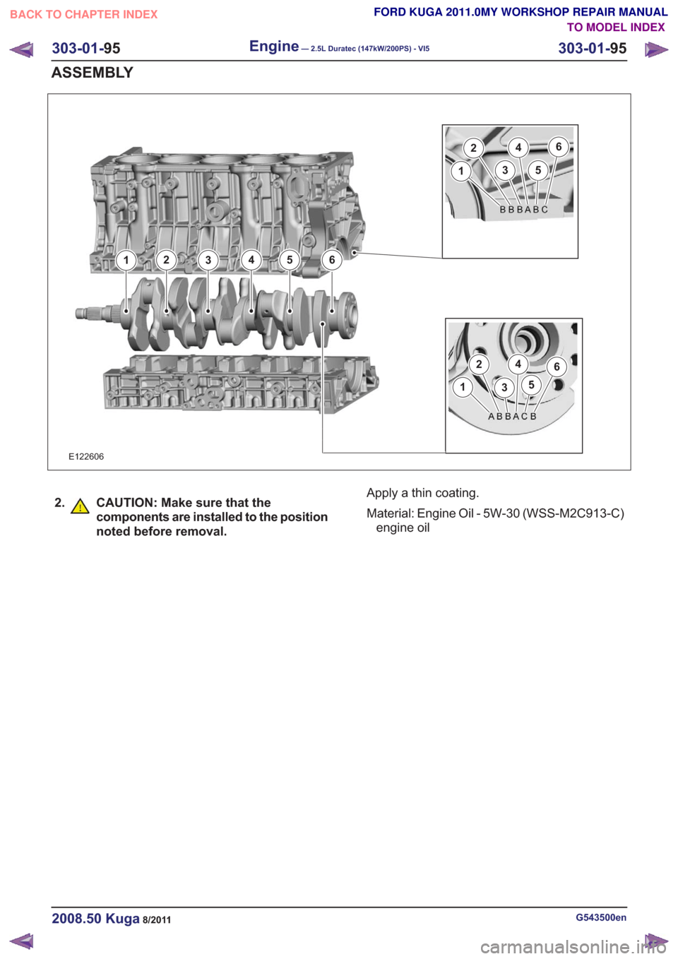 FORD KUGA 2011 1.G Workshop Manual 6
1
2
3
4
5
6
E122606
1
2
3
4
5
6
123456
2. CAUTION: Make sure that thecomponents are installed to the position
noted before removal.Apply a thin coating.
Material: Engine Oil - 5W-30 (WSS-M2C913-C)en