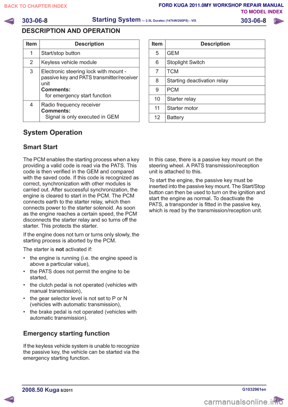 FORD KUGA 2011 1.G Service Manual Description
Item
Start/stop button
1
Keyless vehicle module
2
Electronic steering lock with mount -
passive key and PATS transmitter/receiver
unit
Comments:for emergency start function
3
Radio frequen FORD KUGA 2011 1.G Service Manual Description
Item
Start/stop button
1
Keyless vehicle module
2
Electronic steering lock with mount -
passive key and PATS transmitter/receiver
unit
Comments:for emergency start function
3
Radio frequen