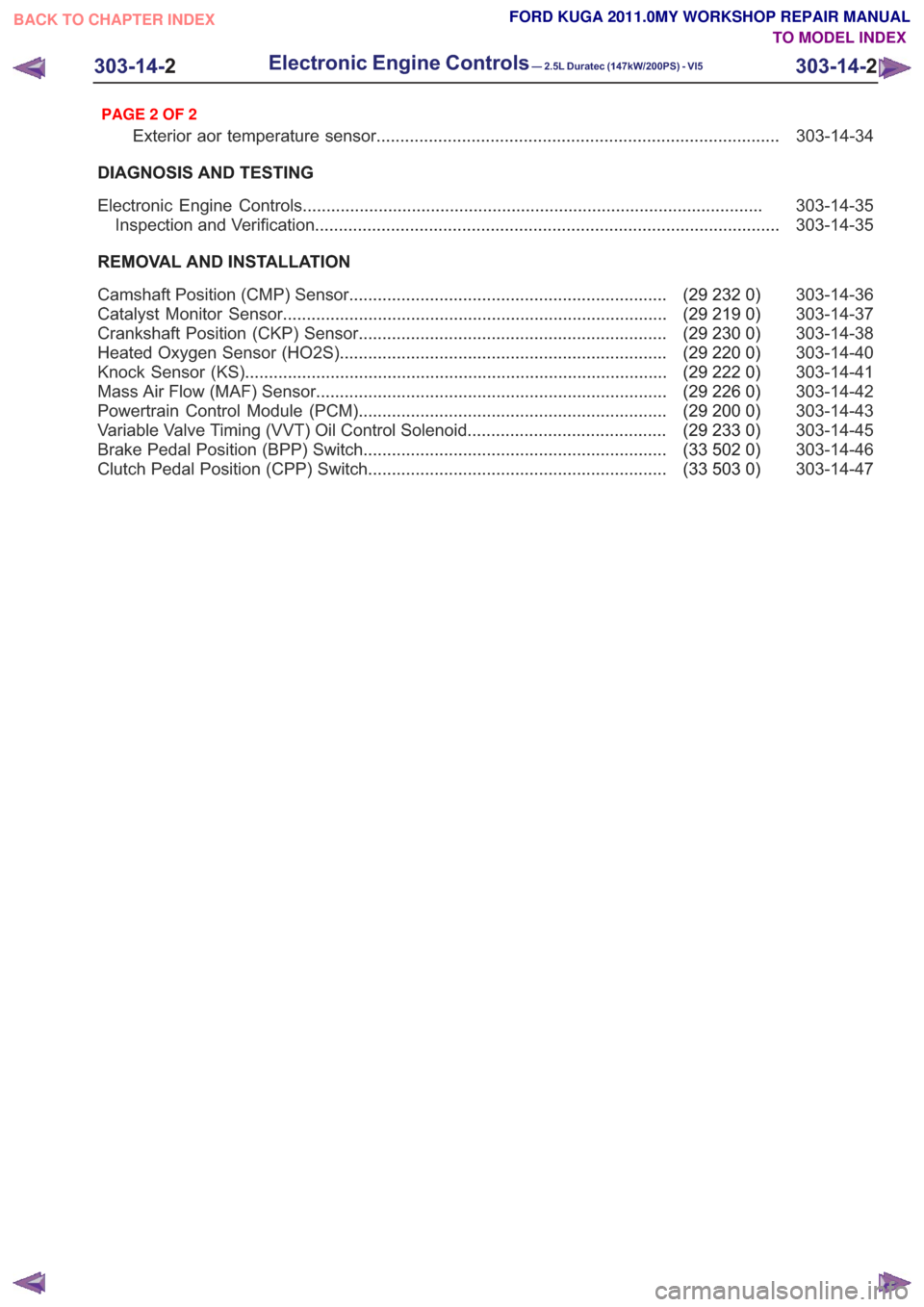 FORD KUGA 2011 1.G User Guide 303-14-34
Exterior aor temperature sensor ........................................................................\
.............
DIAGNOSIS AND TESTING 303-14-35
Electronic Engine Controls ...........