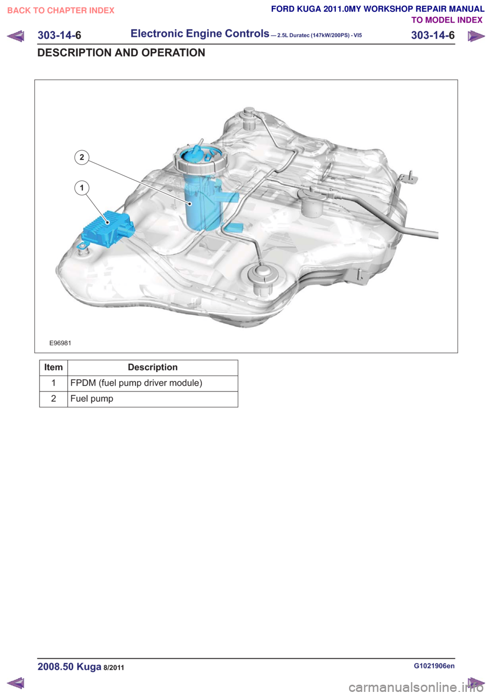 FORD KUGA 2011 1.G Workshop Manual E96981
1
2
Description
Item
FPDM (fuel pump driver module)
1
Fuel pump
2
G1021906en2008.50 Kuga8/2011
303-14- 6
Electronic Engine Controls— 2.5L Duratec (147kW/200PS) - VI5303-14-
6
DESCRIPTION AND FORD KUGA 2011 1.G Workshop Manual E96981
1
2
Description
Item
FPDM (fuel pump driver module)
1
Fuel pump
2
G1021906en2008.50 Kuga8/2011
303-14- 6
Electronic Engine Controls— 2.5L Duratec (147kW/200PS) - VI5303-14-
6
DESCRIPTION AND