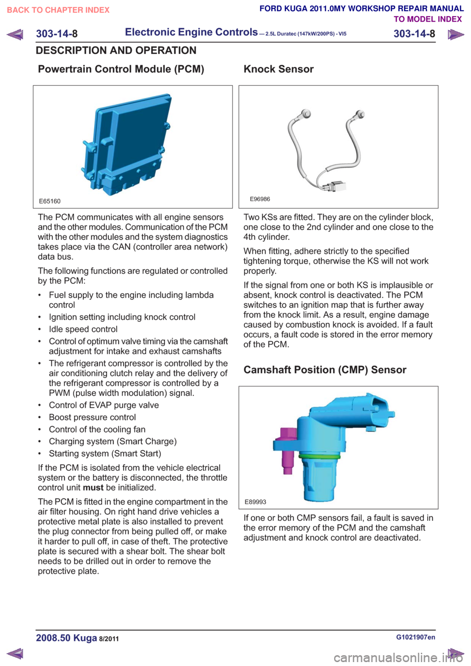 FORD KUGA 2011 1.G Workshop Manual Powertrain Control Module (PCM)
E65160
The PCM communicates with all engine sensors
and the other modules. Communication of the PCM
with the other modules and the system diagnostics
takes place via th