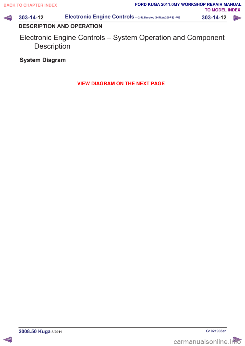 FORD KUGA 2011 1.G Workshop Manual Electronic Engine Controls – System Operation and ComponentDescription
System Diagram
G1021908en2008.50 Kuga8/2011
303-14- 12
Electronic Engine Controls— 2.5L Duratec (147kW/200PS) - VI5303-14-
12 FORD KUGA 2011 1.G Workshop Manual Electronic Engine Controls – System Operation and ComponentDescription
System Diagram
G1021908en2008.50 Kuga8/2011
303-14- 12
Electronic Engine Controls— 2.5L Duratec (147kW/200PS) - VI5303-14-
12