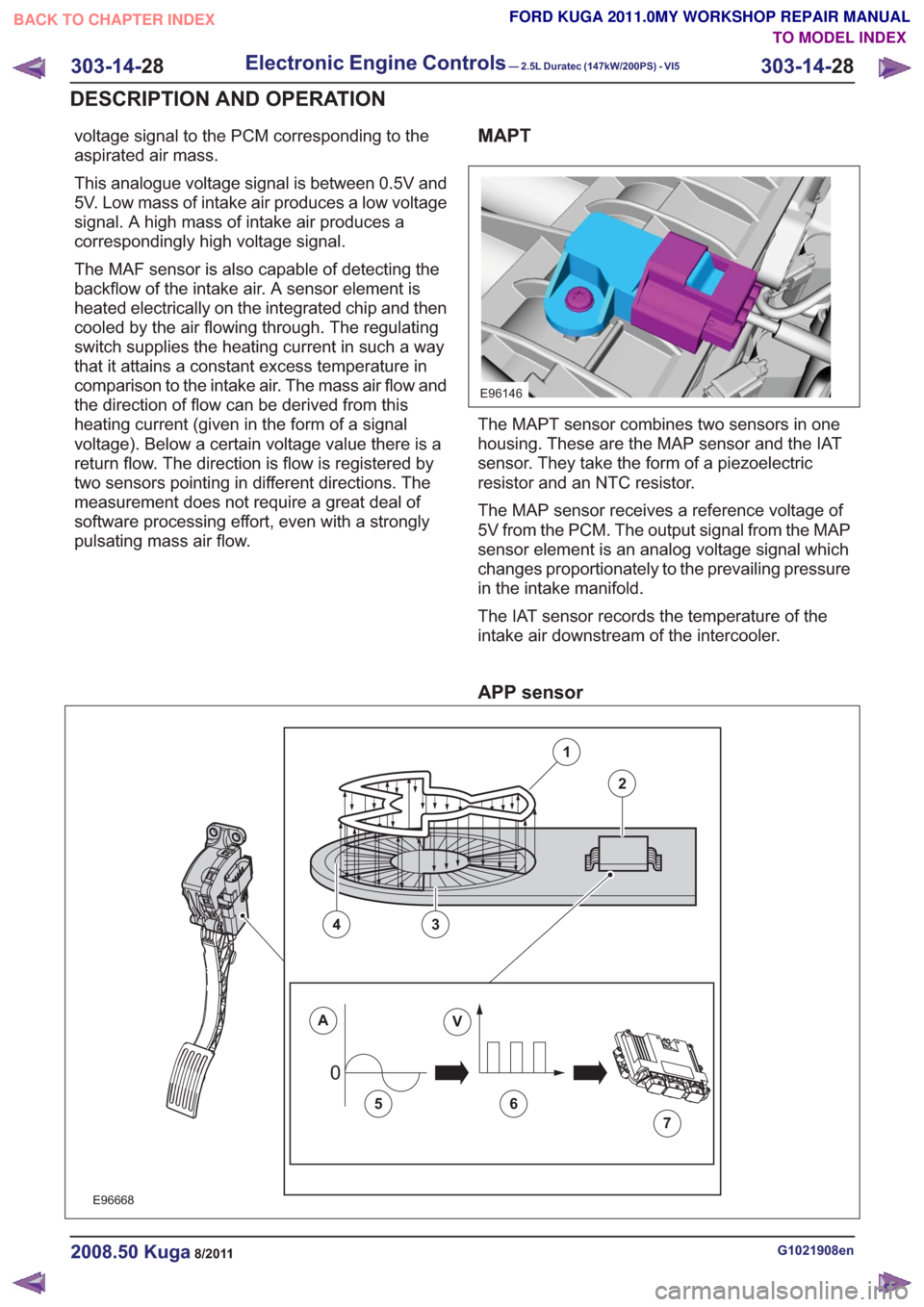 FORD KUGA 2011 1.G Service Manual voltage signal to the PCM corresponding to the
aspirated air mass.
This analogue voltage signal is between 0.5V and
5V. Low mass of intake air produces a low voltage
signal. A high mass of intake air FORD KUGA 2011 1.G Service Manual voltage signal to the PCM corresponding to the
aspirated air mass.
This analogue voltage signal is between 0.5V and
5V. Low mass of intake air produces a low voltage
signal. A high mass of intake air