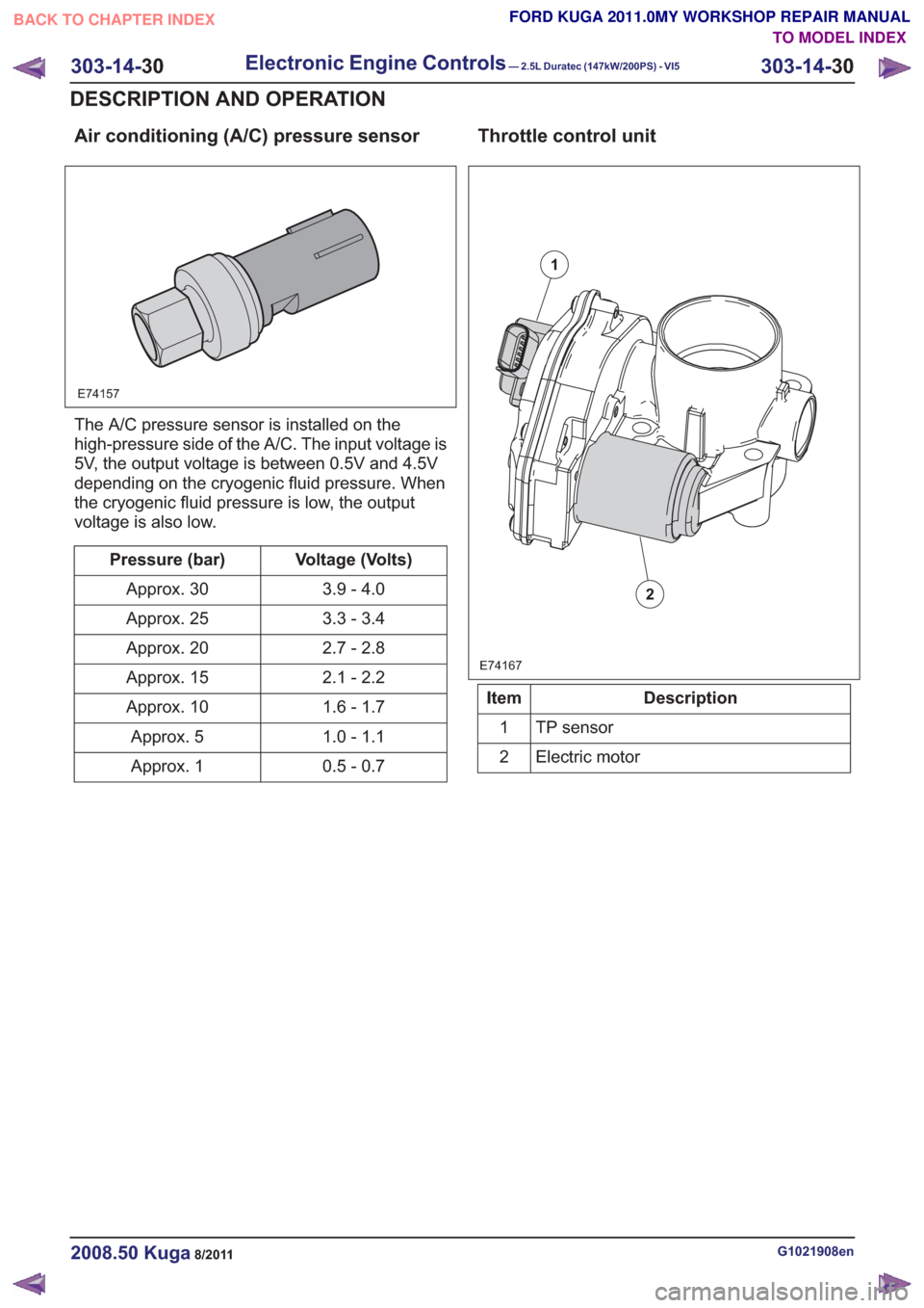 FORD KUGA 2011 1.G Workshop Manual Air conditioning (A/C) pressure sensor
E74157
The A/C pressure sensor is installed on the
high-pressure side of the A/C. The input voltage is
5V, the output voltage is between 0.5V and 4.5V
depending FORD KUGA 2011 1.G Workshop Manual Air conditioning (A/C) pressure sensor
E74157
The A/C pressure sensor is installed on the
high-pressure side of the A/C. The input voltage is
5V, the output voltage is between 0.5V and 4.5V
depending