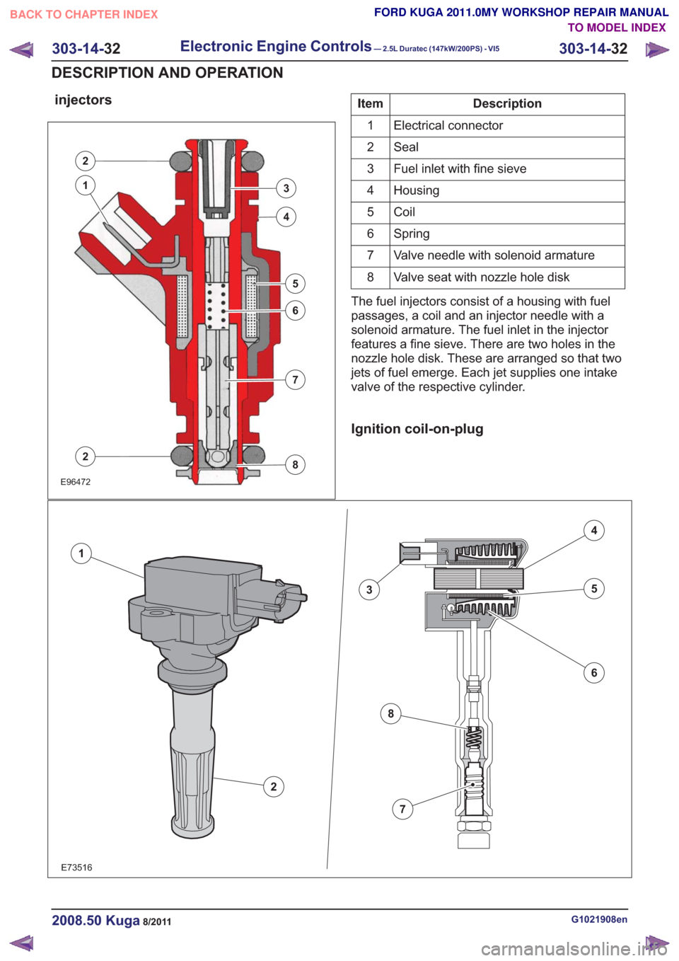 FORD KUGA 2011 1.G Workshop Manual injectors
E96472
2
3
4
5
6
7
8
1
2
Description
Item
Electrical connector
1
Seal
2
Fuel inlet with fine sieve
3
Housing
4
Coil
5
Spring
6
Valve needle with solenoid armature
7
Valve seat with nozzle ho FORD KUGA 2011 1.G Workshop Manual injectors
E96472
2
3
4
5
6
7
8
1
2
Description
Item
Electrical connector
1
Seal
2
Fuel inlet with fine sieve
3
Housing
4
Coil
5
Spring
6
Valve needle with solenoid armature
7
Valve seat with nozzle ho