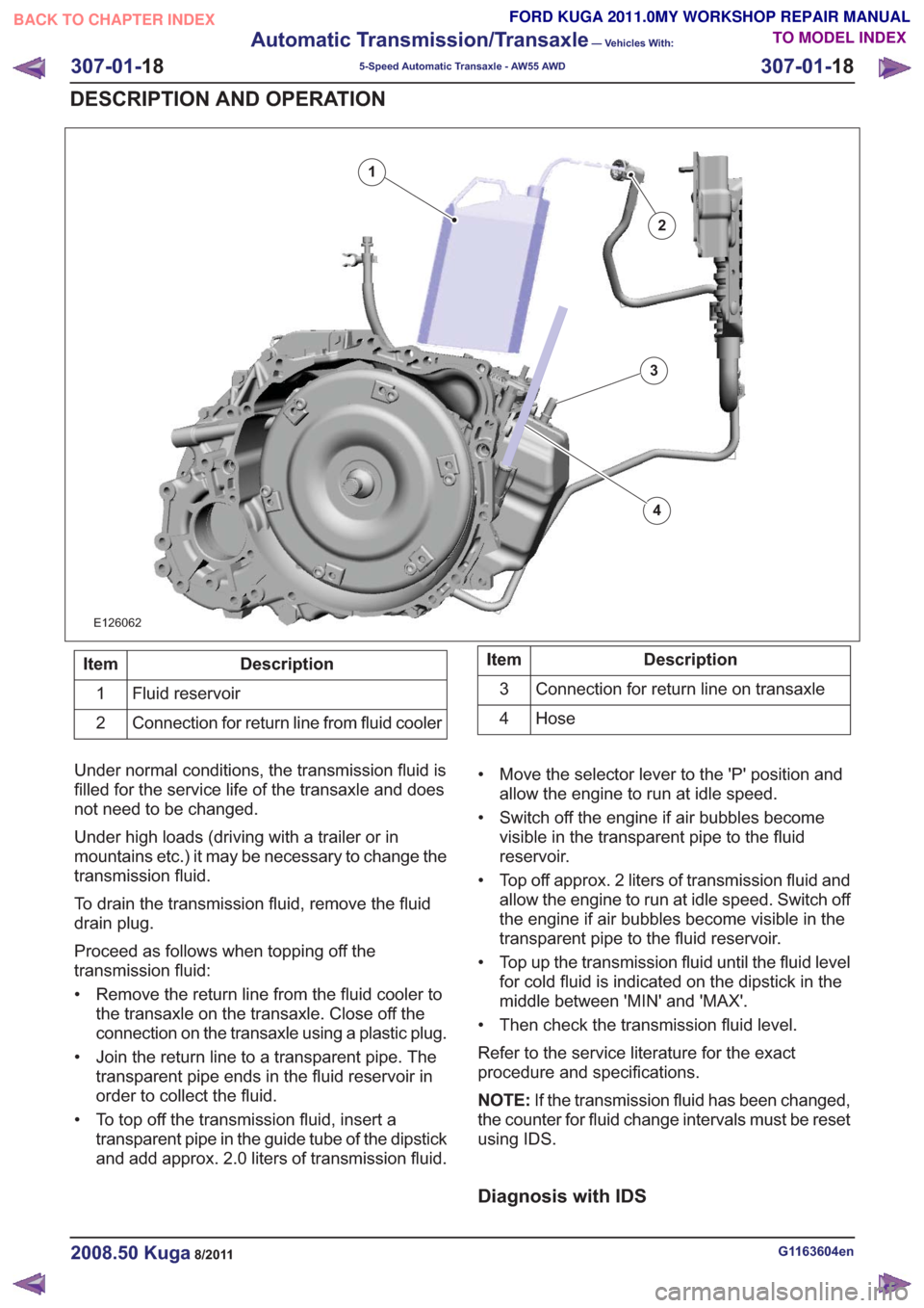 FORD KUGA 2011 1.G Workshop Manual E126062
2
1
3
4
Description
Item
Fluid reservoir
1
Connection for return line from fluid cooler
2Description
Item
Connection for return line on transaxle
3
Hose
4
Under normal conditions, the transmis FORD KUGA 2011 1.G Workshop Manual E126062
2
1
3
4
Description
Item
Fluid reservoir
1
Connection for return line from fluid cooler
2Description
Item
Connection for return line on transaxle
3
Hose
4
Under normal conditions, the transmis