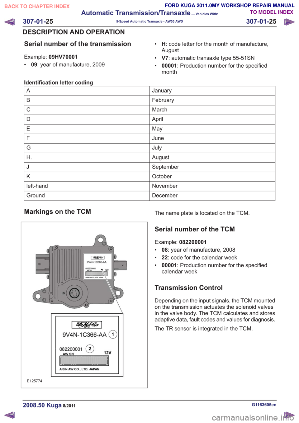 FORD KUGA 2011 1.G Workshop Manual Serial number of the transmission
Example:09HV70001
• 09: year of manufacture, 2009 •
H: code letter for the month of manufacture,
August
• V7: automatic transaxle type 55-51SN
• 00001 : Produ FORD KUGA 2011 1.G Workshop Manual Serial number of the transmission
Example:09HV70001
• 09: year of manufacture, 2009 •
H: code letter for the month of manufacture,
August
• V7: automatic transaxle type 55-51SN
• 00001 : Produ