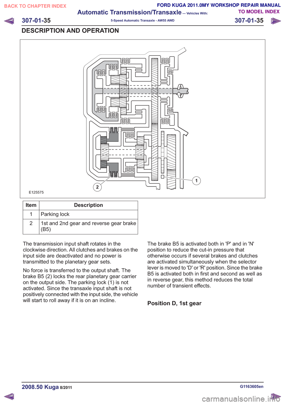 FORD KUGA 2011 1.G Workshop Manual E125575
1
2
Description
Item
Parking lock
1
1st and 2nd gear and reverse gear brake
(B5)
2
The transmission input shaft rotates in the
clockwise direction. All clutches and brakes on the
input side ar