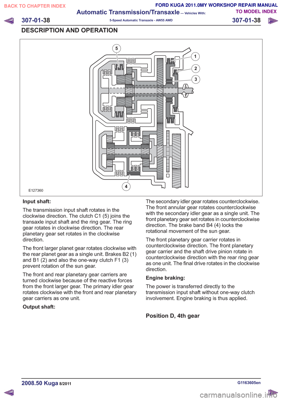 FORD KUGA 2011 1.G Workshop Manual E127360
1
2
3
4
5
Input shaft:
The transmission input shaft rotates in the
clockwise direction. The clutch C1 (5) joins the
transaxle input shaft and the ring gear. The ring
gear rotates in clockwise FORD KUGA 2011 1.G Workshop Manual E127360
1
2
3
4
5
Input shaft:
The transmission input shaft rotates in the
clockwise direction. The clutch C1 (5) joins the
transaxle input shaft and the ring gear. The ring
gear rotates in clockwise