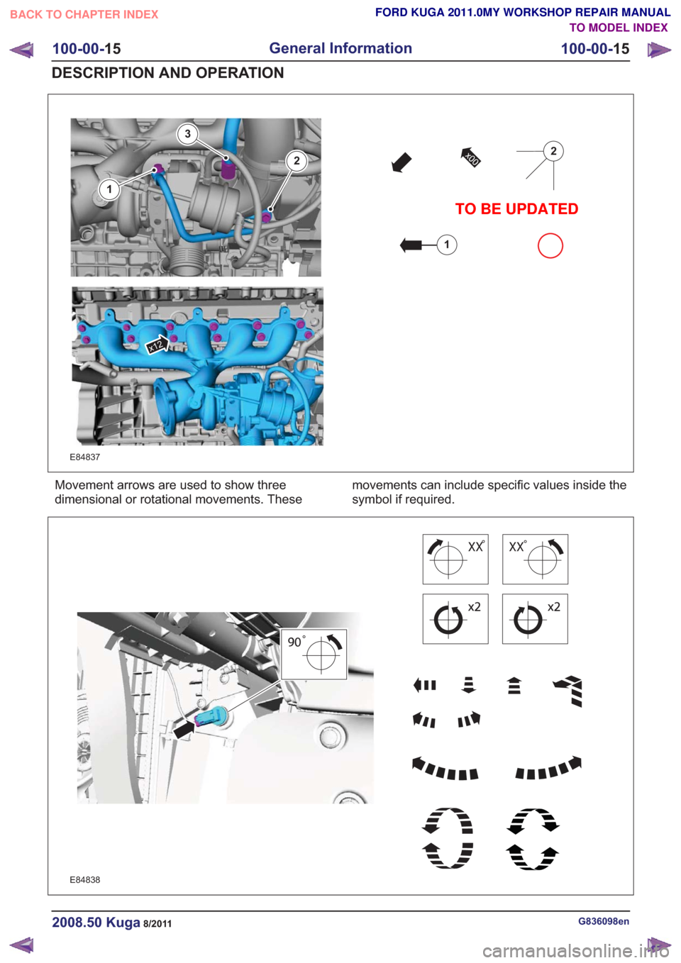 FORD KUGA 2011 1.G User Guide E84837
2
1
1
2
3
x12
Movement arrows are used to show three
dimensional or rotational movements. Thesemovements can include specific values inside the
symbol if required.
E84838
G836098en2008.50 Kuga8