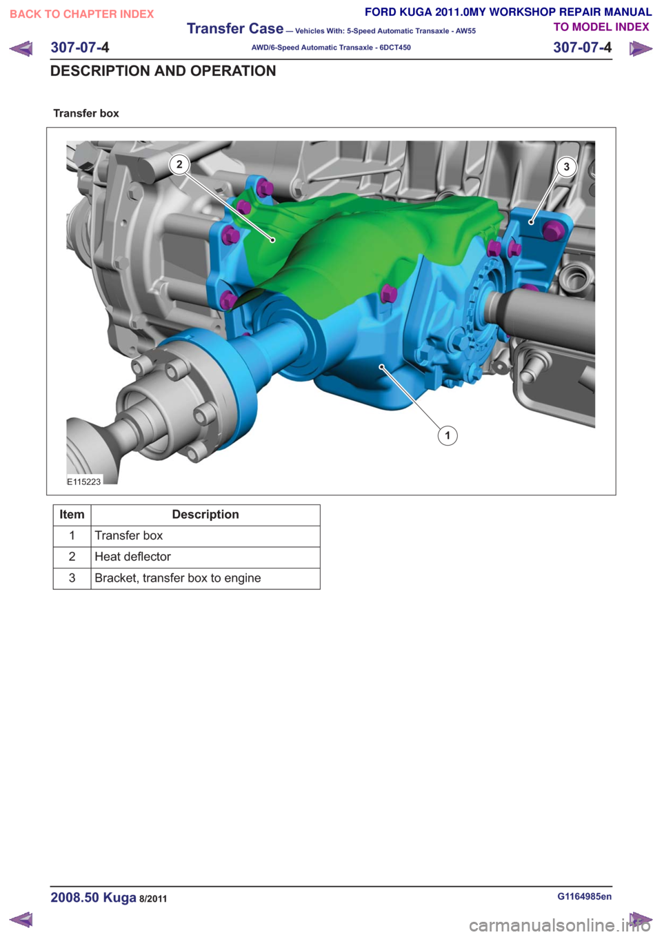 FORD KUGA 2011 1.G Workshop Manual Transfer box
1
23
E115223
Description
Item
Transfer box
1
Heat deflector
2
Bracket, transfer box to engine
3
G1164985en2008.50 Kuga8/2011
307-07- 4
Transfer Case
— Vehicles With: 5-Speed Automatic T