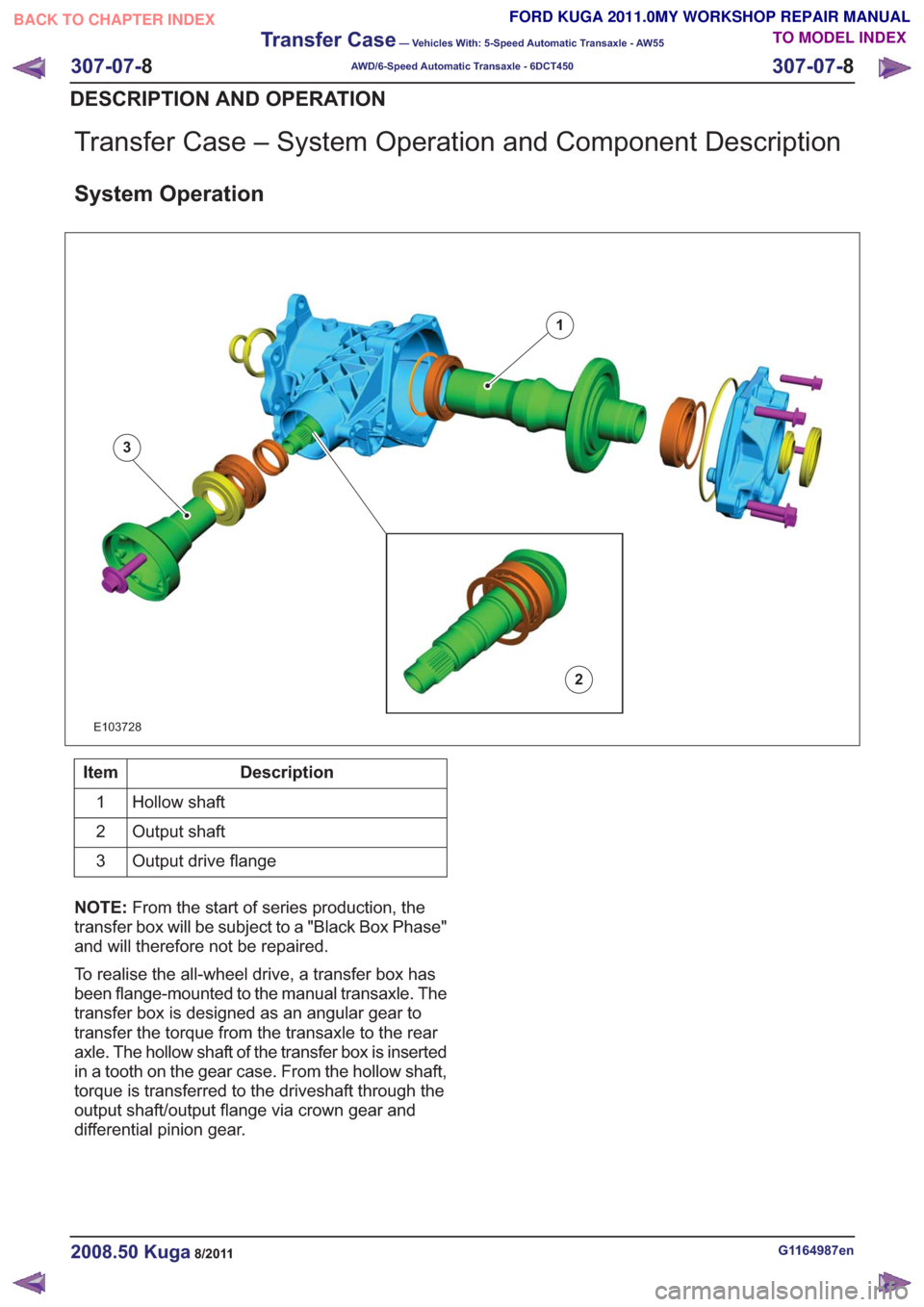 FORD KUGA 2011 1.G Owners Manual Transfer Case – System Operation and Component Description
System Operation
1
2
3
E103728
Description
Item
Hollow shaft
1
Output shaft
2
Output drive flange
3
NOTE: From the start of series producti FORD KUGA 2011 1.G Owners Manual Transfer Case – System Operation and Component Description
System Operation
1
2
3
E103728
Description
Item
Hollow shaft
1
Output shaft
2
Output drive flange
3
NOTE: From the start of series producti