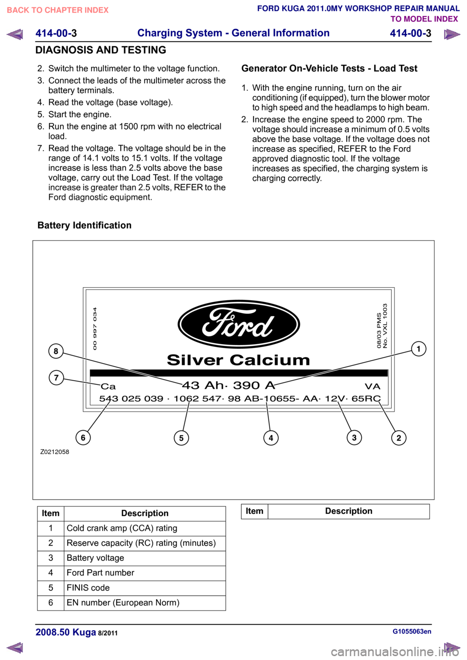 FORD KUGA 2011 1.G Workshop Manual 2. Switch the multimeter to the voltage function.
3. Connect the leads of the multimeter across the
battery terminals.
4. Read the voltage (base voltage).
5. Start the engine.
6. Run the engine at 150 FORD KUGA 2011 1.G Workshop Manual 2. Switch the multimeter to the voltage function.
3. Connect the leads of the multimeter across the
battery terminals.
4. Read the voltage (base voltage).
5. Start the engine.
6. Run the engine at 150