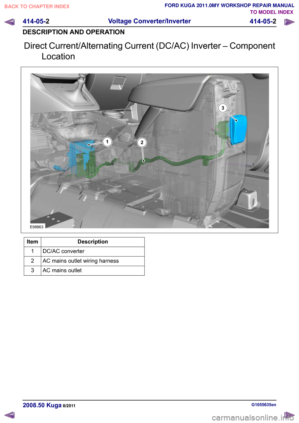 FORD KUGA 2011 1.G Workshop Manual Direct Current/Alternating Current (DC/AC) Inverter – Component
Location Description
Item
DC/AC converter
1
AC mains outlet wiring harness
2
AC mains outlet
3 G1055635en
2008.50 Kuga 8/2011 414-05-2 FORD KUGA 2011 1.G Workshop Manual Direct Current/Alternating Current (DC/AC) Inverter – Component
Location Description
Item
DC/AC converter
1
AC mains outlet wiring harness
2
AC mains outlet
3 G1055635en
2008.50 Kuga 8/2011 414-05-2