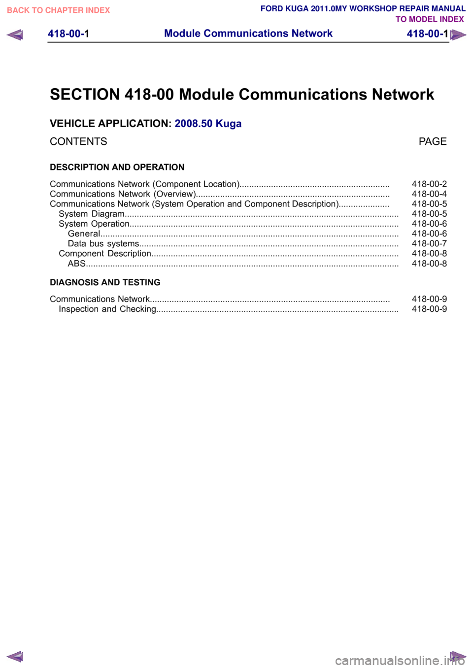 FORD KUGA 2011 1.G User Guide SECTION 418-00 Module Communications Network
VEHICLE APPLICATION:
2008.50 Kuga
PAGE
CONTENTS
DESCRIPTION AND OPERATION
418-00-2
Communications Network (Component Location).............................