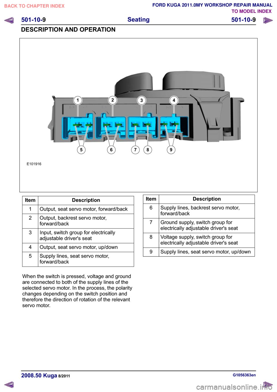 FORD KUGA 2011 1.G Workshop Manual �(������
����
�����
��H�V�F�U�L�S�W�L�R�Q
�,�W�H�P
�2�X�W�S�X�W� �V�H�D�W �V�H�U�Y�R �P�R�W�R�U� �I�R�U�Z�D�U�G��E�D�F�N
�
�2�X�W�S�X�W� �E�D�F�N�U�H�V�W �V�H�U�Y�R �P�R�W�R�U�
�