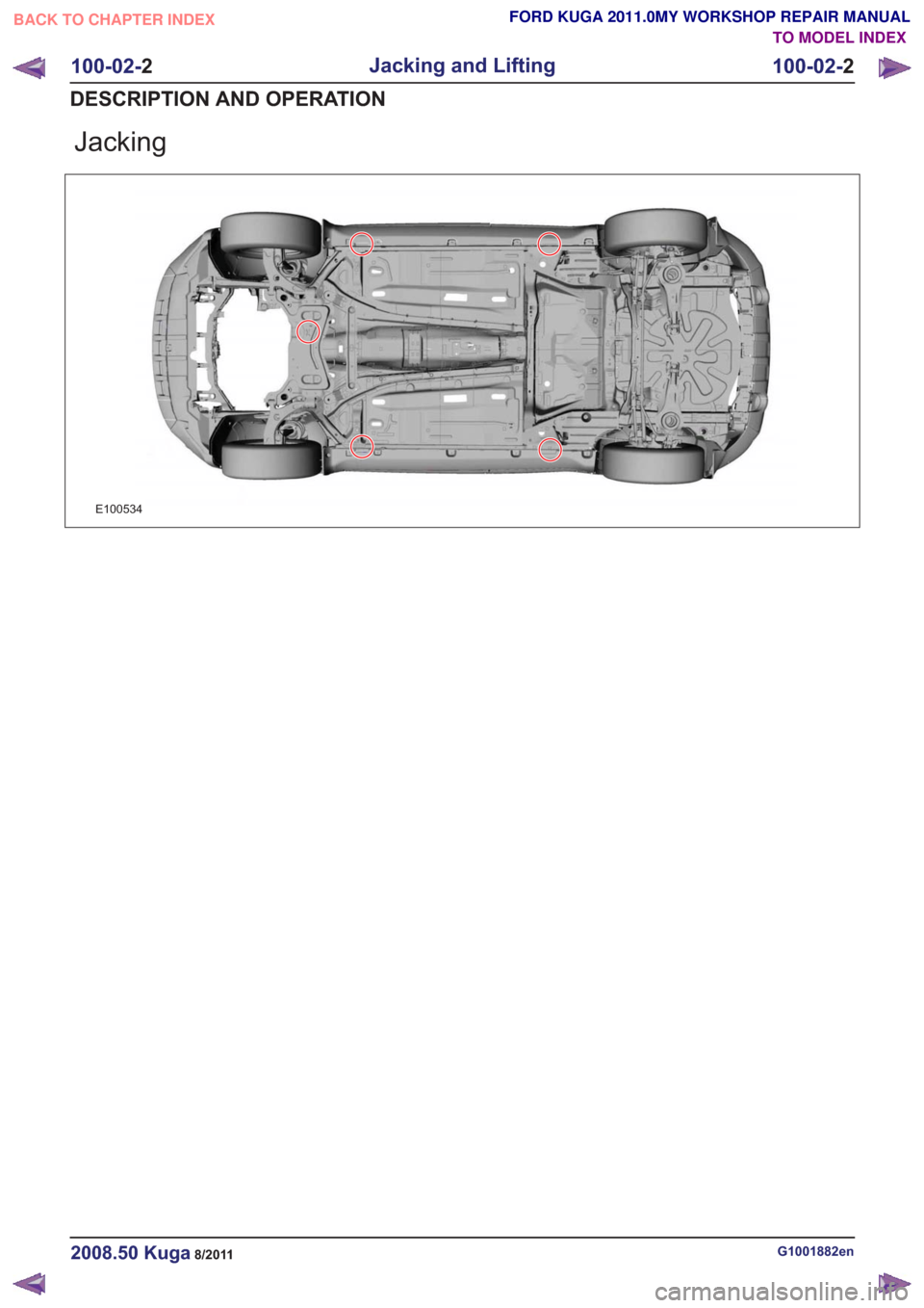 FORD KUGA 2011 1.G Workshop Manual Jacking
E100534
G1001882en2008.50 Kuga8/2011
100-02-2
Jacking and Lifting
100-02- 2
DESCRIPTION AND OPERATION
TO MODEL INDEX
BACK TO CHAPTER INDEX
FORD KUGA 2011.0MY WORKSHOP REPAIR MANUAL 