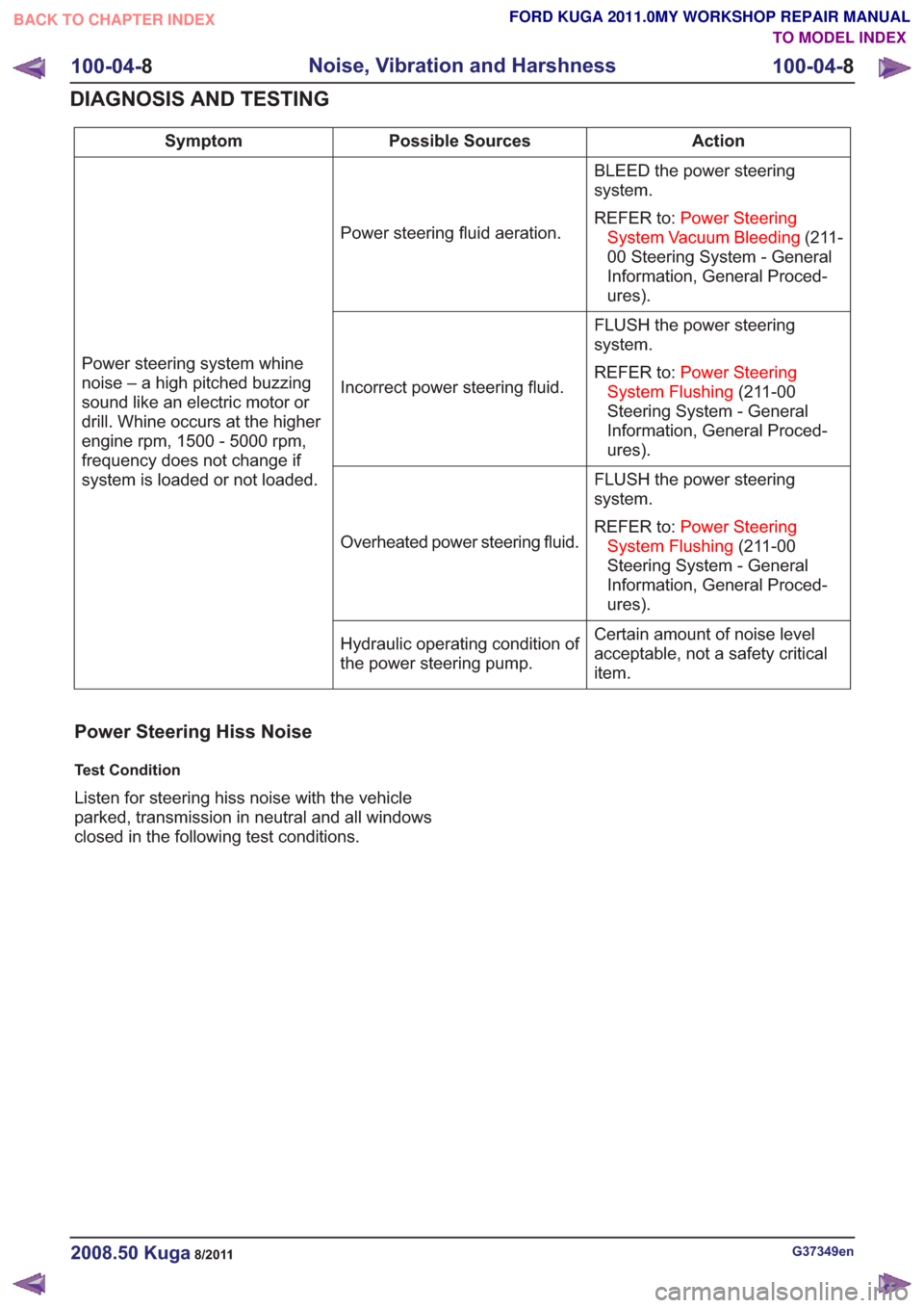 FORD KUGA 2011 1.G Workshop Manual Action
Possible Sources
Symptom
BLEED the power steering
system.
REFER to:Power Steering
System Vacuum Bleeding (211-
00 Steering System - General
Information, General Proced-
ures).
Power steering fl