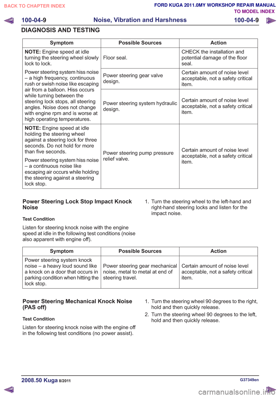 FORD KUGA 2011 1.G User Guide Action
Possible Sources
Symptom
CHECK the installation and
potential damage of the floor
seal.
Floor seal.
NOTE:
Engine speed at idle
turning the steering wheel slowly
lock to lock.
Power steering sys