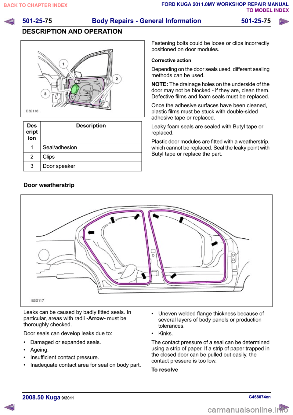 FORD KUGA 2011 1.G Workshop Manual ��H�V�F�U�L�S�W�L�R�Q
��H�V
�F�U�L�S�W �L�R�Q
�6�H�D�O��D�G�K�H�V�L�R�Q
�
�&�O�L�S�V�
��R�R�U �V�S�H�D�N�H�U
� �)�D�V�W�H�Q�L�Q�J �E�R�O�W�V �F�R�X�O�G �E�H �O�R�R�V�H �R�U �F�O�L�S�V �L�Q�F�R�
