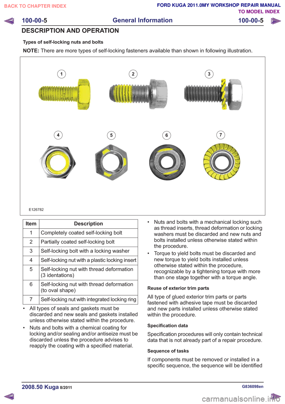 FORD KUGA 2011 1.G Workshop Manual Types of self-locking nuts and bolts
NOTE:There are more types of self-locking fasteners available than shown in following illustration.
E126782
123
4567
Description
Item
Completely coated self-lockin