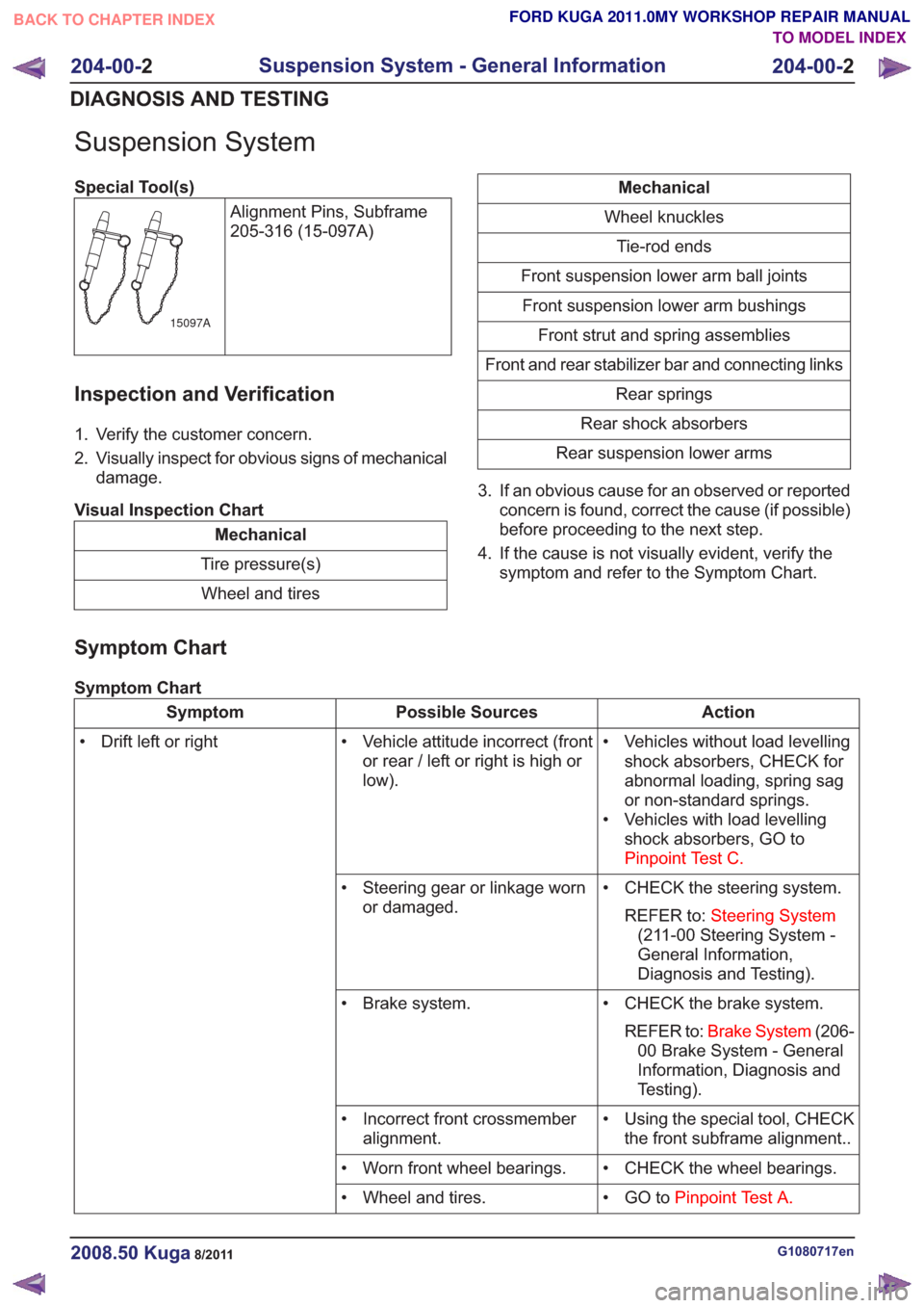 FORD KUGA 2011 1.G Owners Manual Suspension System
Special Tool(s)Alignment Pins, Subframe
205-316 (15-097A)
15097A
Inspection and Verification
1. Verify the customer concern.
2. Visually inspect for obvious signs of mechanicaldamage