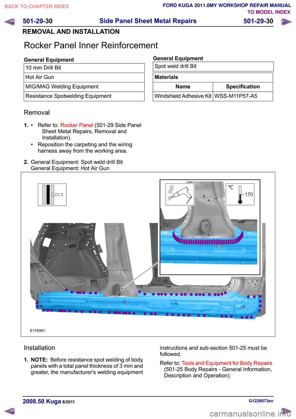 FORD KUGA 2011 1.G Workshop Manual �5�R�F�N�H�U �3�D�Q�H�O �,�Q�Q�H�U �5�H�L�Q�I�R�U�F�H�P�H�Q�W
�*�H�Q�H�U�D�O �(�T�X�L�S�P�H�Q�W�� �P�P ��U�L�O�O �%�L�W
�+�R�W �$�L�U �*�X�Q
�0�,�*��0�$�* �:�H�O�G�L�Q�J �(�T�X�L�S�P�H�Q�W
�5�H�V�