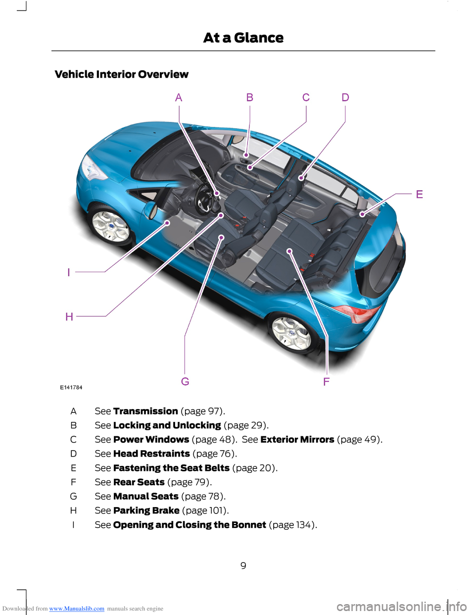 FORD B MAX 2012 1.G User Guide Downloaded from www.Manualslib.com manuals search engine Vehicle Interior Overview
See Transmission (page 97).A
See Locking and Unlocking (page 29).B
See Power Windows (page 48). See Exterior Mirrors 