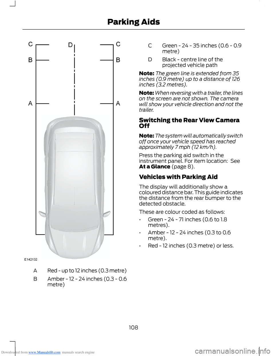 FORD B MAX 2012 1.G Owners Manual Downloaded from www.Manualslib.com manuals search engine Red - up to 12 inches (0.3 metre)A
Amber - 12 - 24 inches (0.3 - 0.6metre)B
Green - 24 - 35 inches (0.6 - 0.9metre)C
Black - centre line of the FORD B MAX 2012 1.G Owners Manual Downloaded from www.Manualslib.com manuals search engine Red - up to 12 inches (0.3 metre)A
Amber - 12 - 24 inches (0.3 - 0.6metre)B
Green - 24 - 35 inches (0.6 - 0.9metre)C
Black - centre line of the