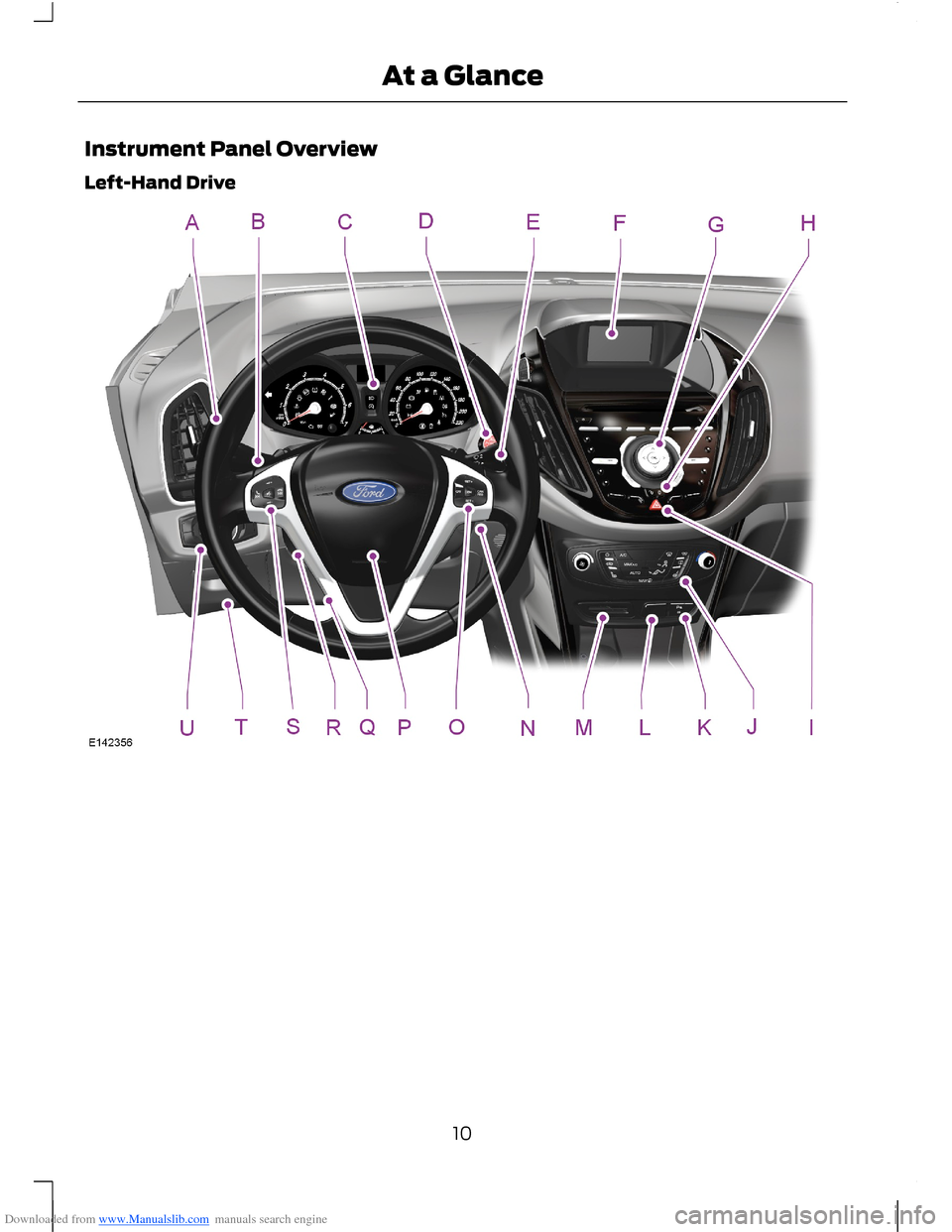 FORD B MAX 2012 1.G User Guide Downloaded from www.Manualslib.com manuals search engine Instrument Panel Overview
Left-Hand Drive
10At a Glance FORD B MAX 2012 1.G User Guide Downloaded from www.Manualslib.com manuals search engine Instrument Panel Overview
Left-Hand Drive
10At a Glance