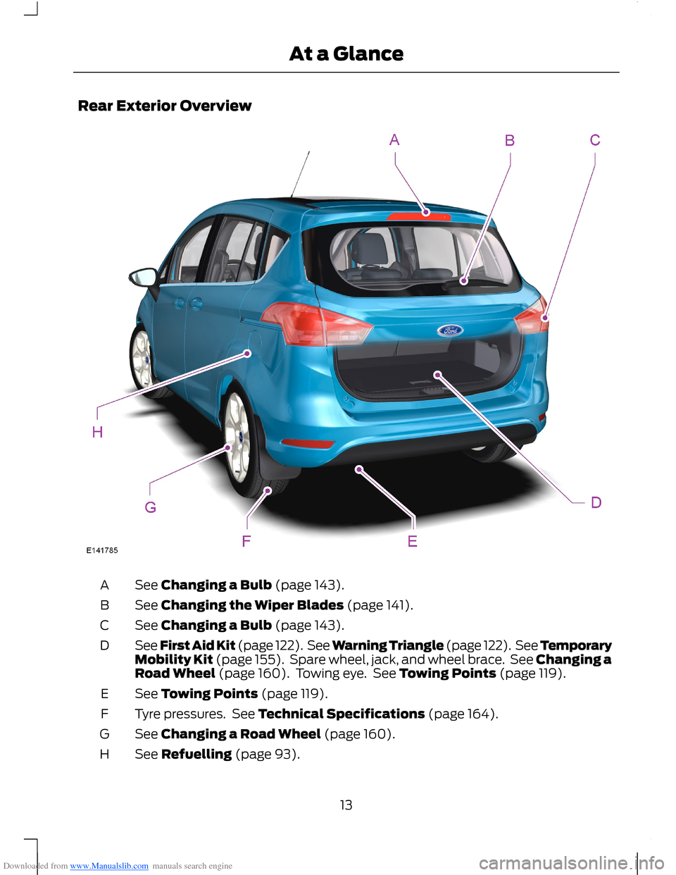 FORD B MAX 2012 1.G Owners Manual Downloaded from www.Manualslib.com manuals search engine Rear Exterior Overview
See Changing a Bulb (page 143).A
See Changing the Wiper Blades (page 141).B
See Changing a Bulb (page 143).C
See First A