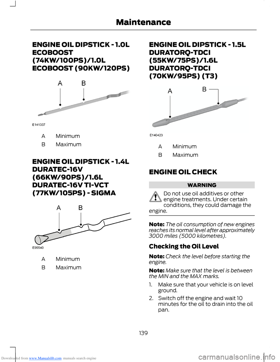 FORD B MAX 2012 1.G Owners Manual Downloaded from www.Manualslib.com manuals search engine ENGINE OIL DIPSTICK - 1.0L
ECOBOOST
(74KW/100PS)/1.0L
ECOBOOST (90KW/120PS)
MinimumA
MaximumB
ENGINE OIL DIPSTICK - 1.4L
DURATEC-16V
(66KW/90PS