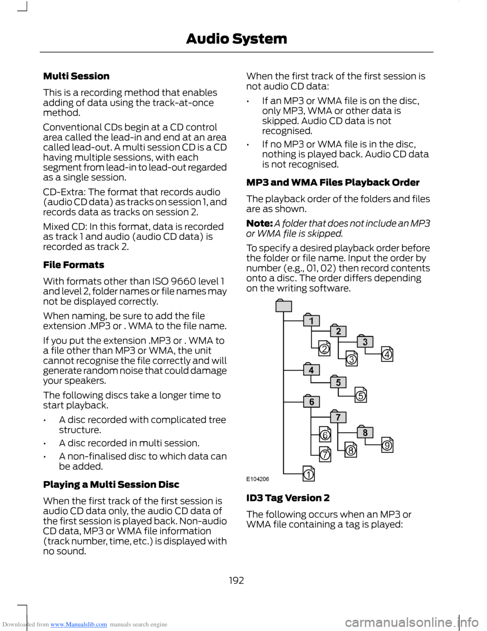 FORD B MAX 2012 1.G Owners Manual Downloaded from www.Manualslib.com manuals search engine Multi Session
This is a recording method that enablesadding of data using the track-at-oncemethod.
Conventional CDs begin at a CD controlarea c FORD B MAX 2012 1.G Owners Manual Downloaded from www.Manualslib.com manuals search engine Multi Session
This is a recording method that enablesadding of data using the track-at-oncemethod.
Conventional CDs begin at a CD controlarea c