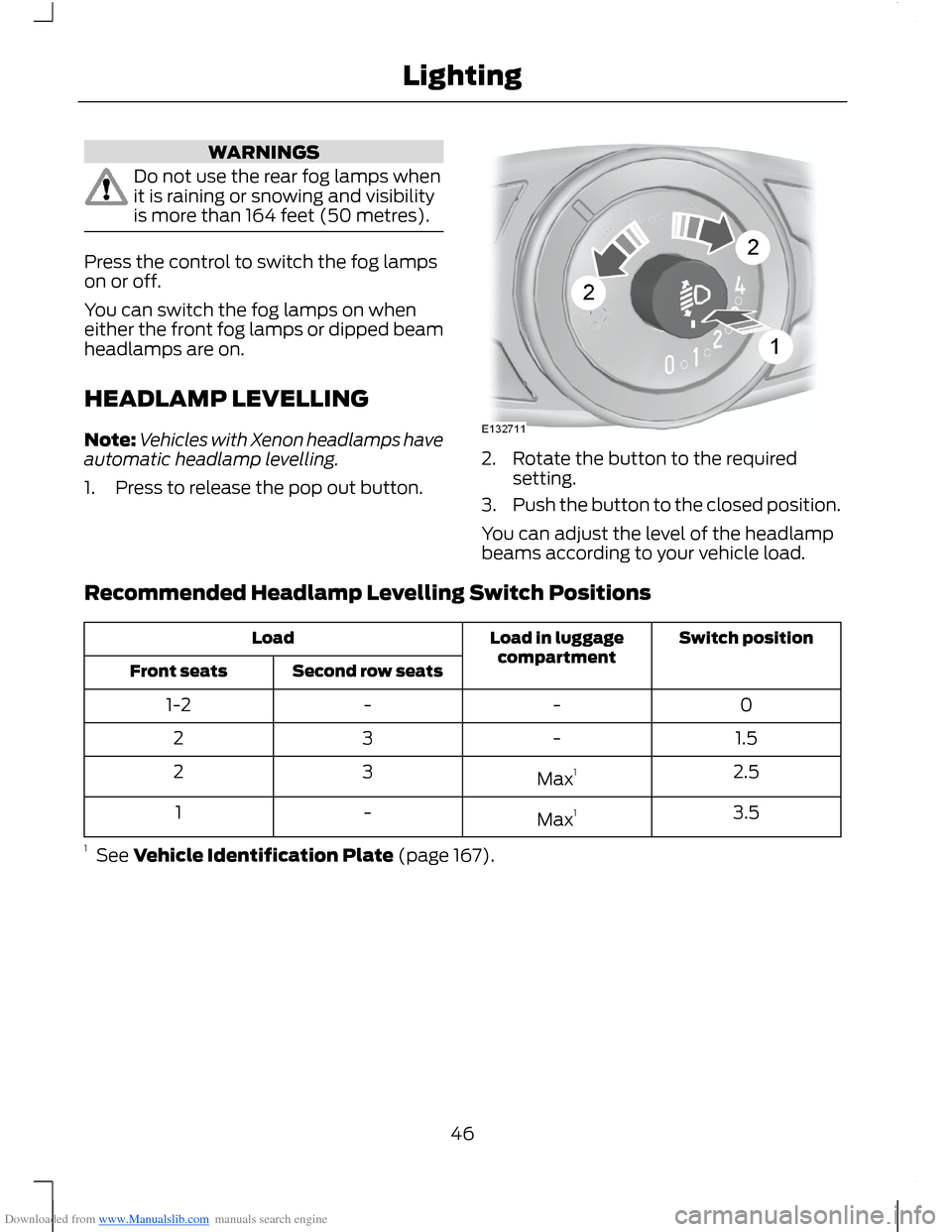 FORD B MAX 2012 1.G Owners Manual Downloaded from www.Manualslib.com manuals search engine WARNINGS
Do not use the rear fog lamps whenit is raining or snowing and visibilityis more than 164 feet (50 metres).
Press the control to switc