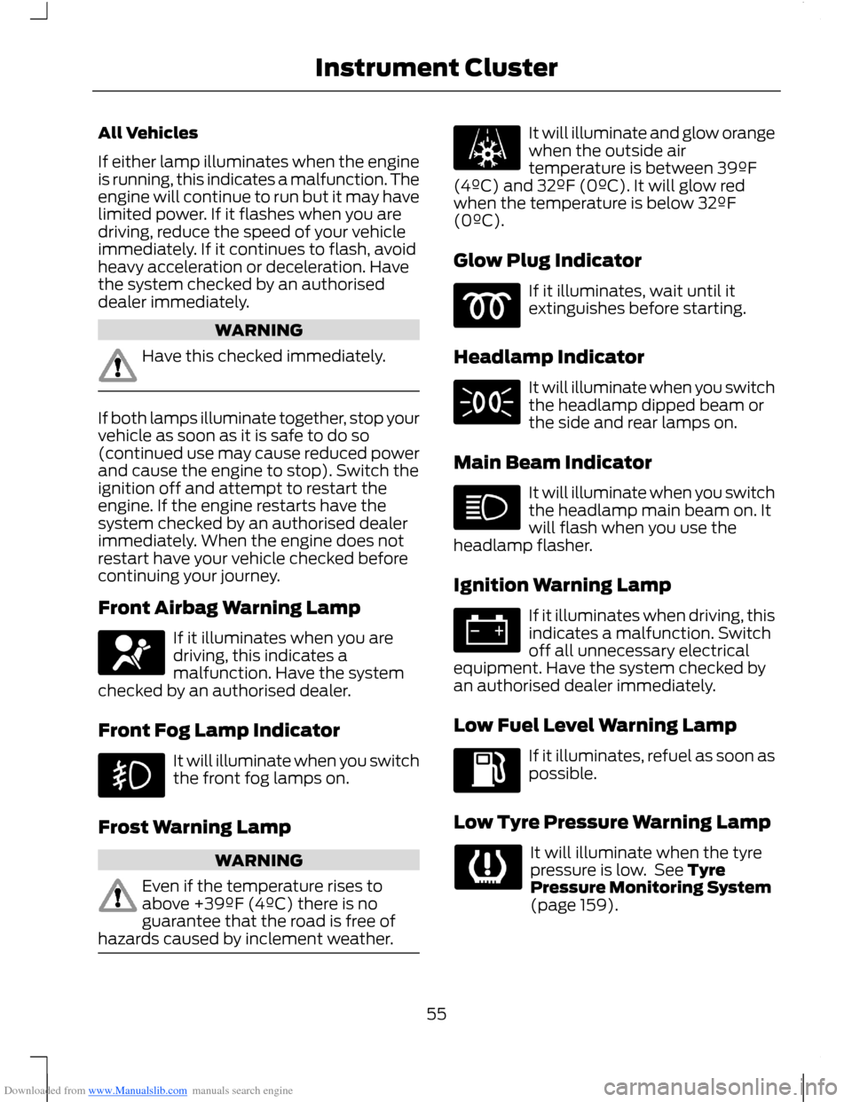 FORD B MAX 2012 1.G Workshop Manual Downloaded from www.Manualslib.com manuals search engine All Vehicles
If either lamp illuminates when the engineis running, this indicates a malfunction. Theengine will continue to run but it may have FORD B MAX 2012 1.G Workshop Manual Downloaded from www.Manualslib.com manuals search engine All Vehicles
If either lamp illuminates when the engineis running, this indicates a malfunction. Theengine will continue to run but it may have