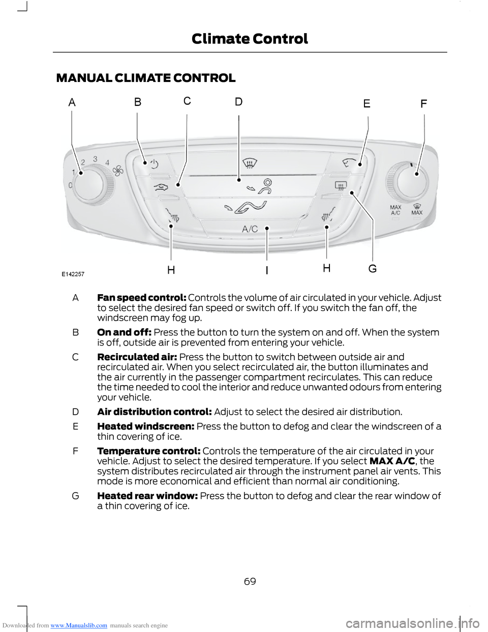 FORD B MAX 2012 1.G Owners Manual Downloaded from www.Manualslib.com manuals search engine MANUAL CLIMATE CONTROL
Fan speed control: Controls the volume of air circulated in your vehicle. Adjustto select the desired fan speed or switc