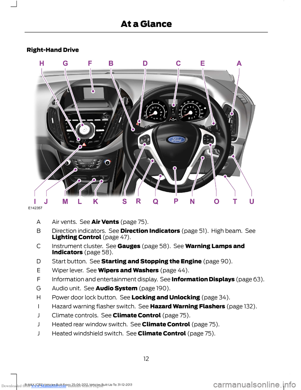 FORD B MAX 2013 1.G User Guide Downloaded from www.Manualslib.com manuals search engine Right-Hand Drive
Air vents. See Air Vents (page 75).A
Direction indicators. See Direction Indicators (page 51). High beam. SeeLighting Control 