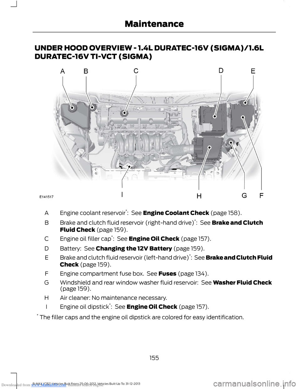 FORD B MAX 2013 1.G Owners Manual Downloaded from www.Manualslib.com manuals search engine UNDER HOOD OVERVIEW - 1.4L DURATEC-16V (SIGMA)/1.6L
DURATEC-16V TI-VCT (SIGMA)
Engine coolant reservoir*:  See Engine Coolant Check (page 158).