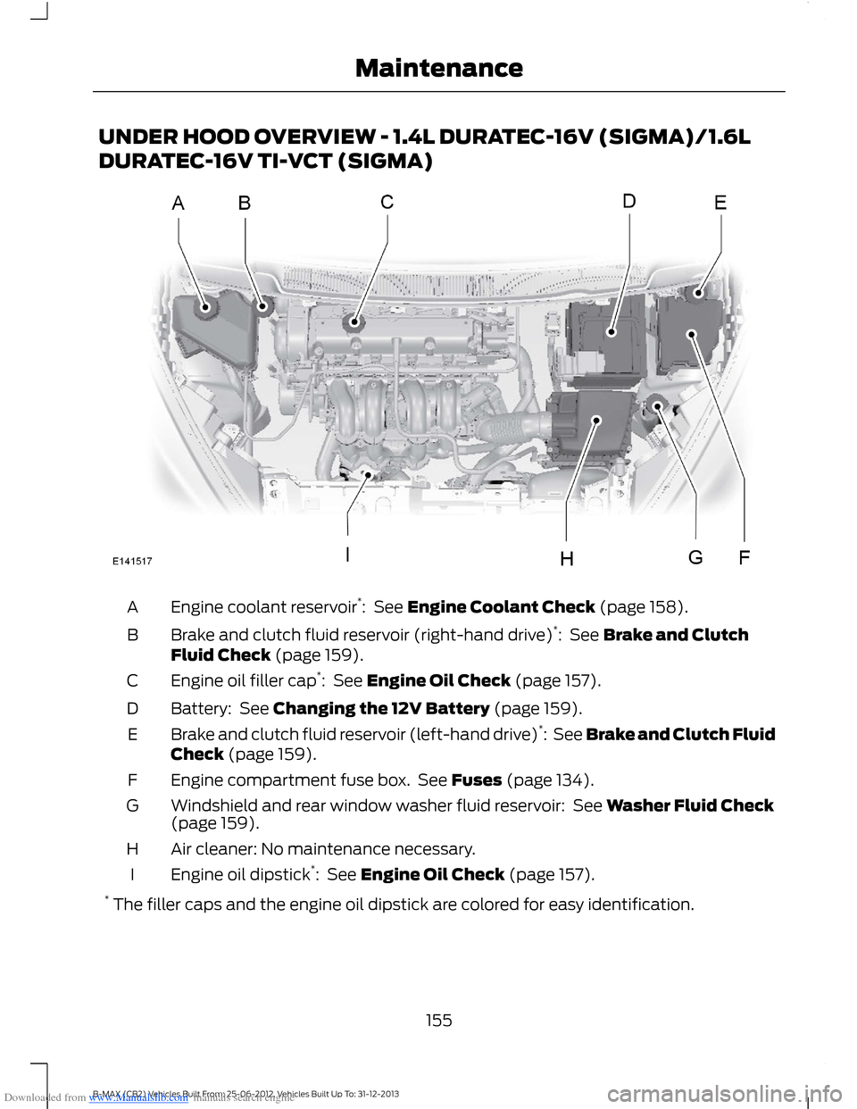 FORD B MAX 2013 1.G Owners Manual Downloaded from www.Manualslib.com manuals search engine UNDER HOOD OVERVIEW - 1.4L DURATEC-16V (SIGMA)/1.6L
DURATEC-16V TI-VCT (SIGMA)
Engine coolant reservoir*: See Engine Coolant Check (page 158). FORD B MAX 2013 1.G Owners Manual Downloaded from www.Manualslib.com manuals search engine UNDER HOOD OVERVIEW - 1.4L DURATEC-16V (SIGMA)/1.6L
DURATEC-16V TI-VCT (SIGMA)
Engine coolant reservoir*: See Engine Coolant Check (page 158).