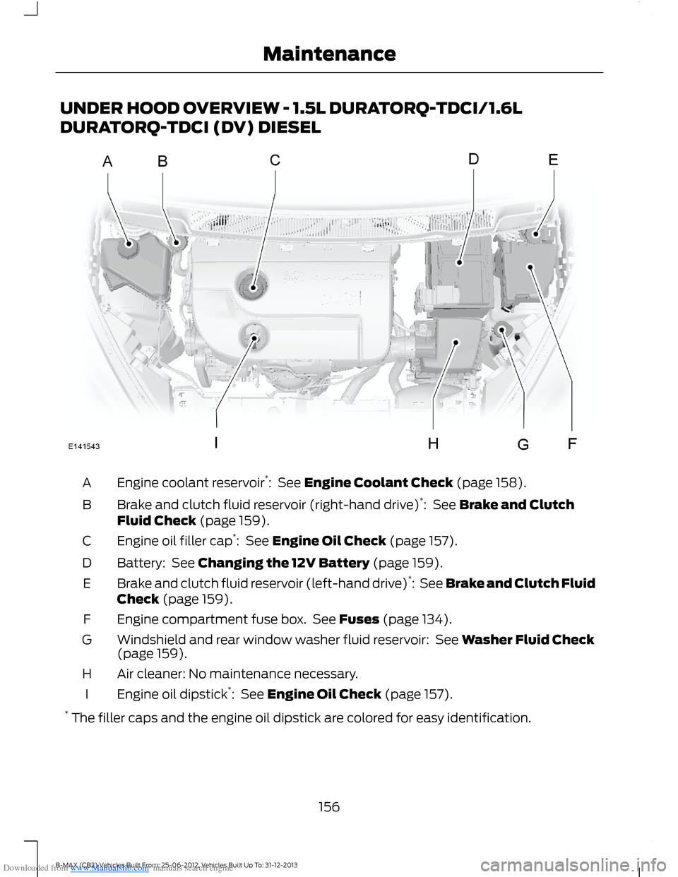 FORD B MAX 2013 1.G Owners Manual Downloaded from www.Manualslib.com manuals search engine UNDER HOOD OVERVIEW - 1.5L DURATORQ-TDCI/1.6L
DURATORQ-TDCI (DV) DIESEL
Engine coolant reservoir*: See Engine Coolant Check (page 158).A
Brake FORD B MAX 2013 1.G Owners Manual Downloaded from www.Manualslib.com manuals search engine UNDER HOOD OVERVIEW - 1.5L DURATORQ-TDCI/1.6L
DURATORQ-TDCI (DV) DIESEL
Engine coolant reservoir*: See Engine Coolant Check (page 158).A
Brake