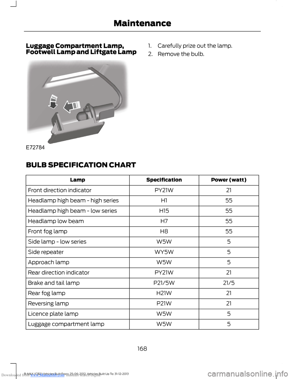 FORD B MAX 2013 1.G Owners Manual Downloaded from www.Manualslib.com manuals search engine Luggage Compartment Lamp,Footwell Lamp and Liftgate Lamp1.Carefully prize out the lamp.
2.Remove the bulb.
BULB SPECIFICATION CHART
Power (watt FORD B MAX 2013 1.G Owners Manual Downloaded from www.Manualslib.com manuals search engine Luggage Compartment Lamp,Footwell Lamp and Liftgate Lamp1.Carefully prize out the lamp.
2.Remove the bulb.
BULB SPECIFICATION CHART
Power (watt
