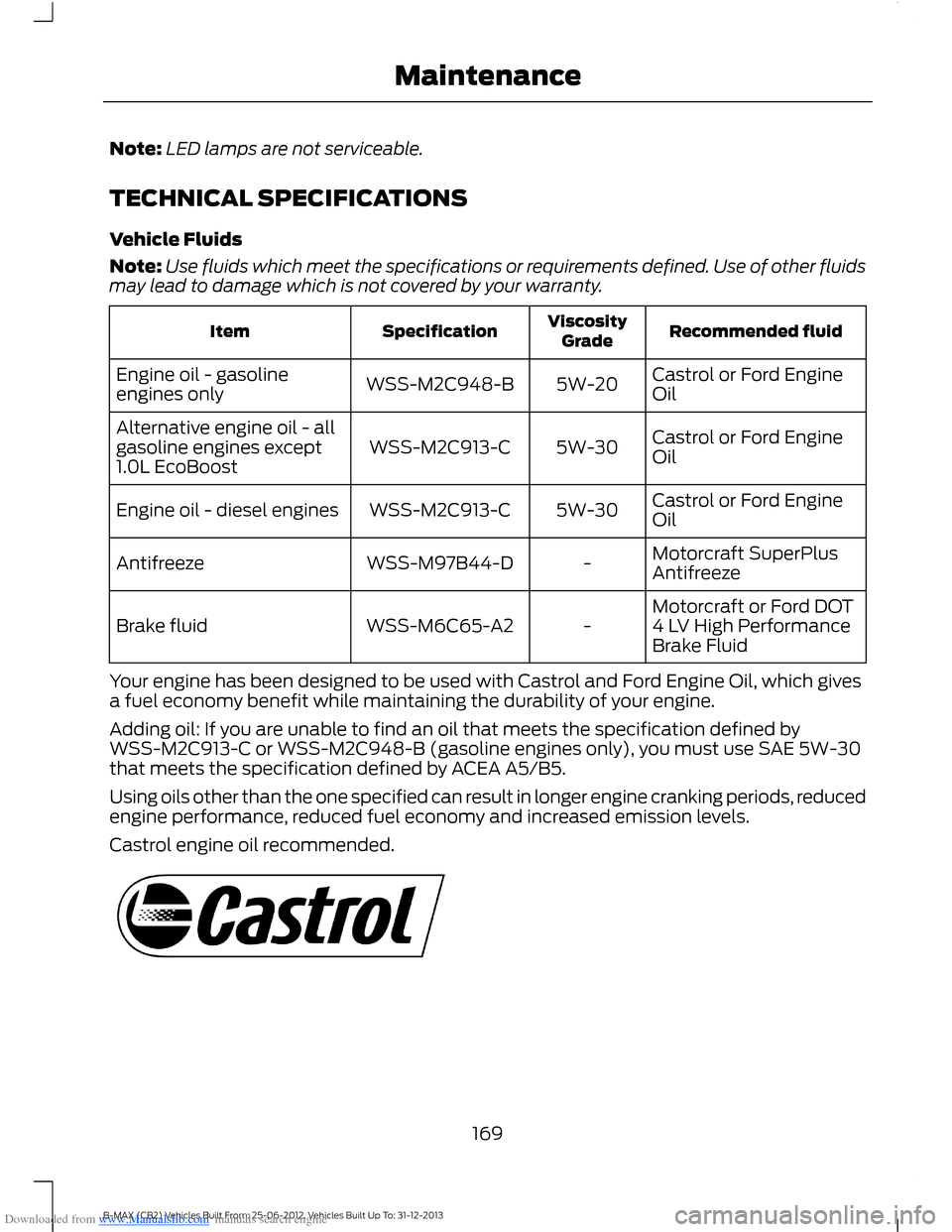 FORD B MAX 2013 1.G Owners Manual Downloaded from www.Manualslib.com manuals search engine Note:LED lamps are not serviceable.
TECHNICAL SPECIFICATIONS
Vehicle Fluids
Note:Use fluids which meet the specifications or requirements defin FORD B MAX 2013 1.G Owners Manual Downloaded from www.Manualslib.com manuals search engine Note:LED lamps are not serviceable.
TECHNICAL SPECIFICATIONS
Vehicle Fluids
Note:Use fluids which meet the specifications or requirements defin
