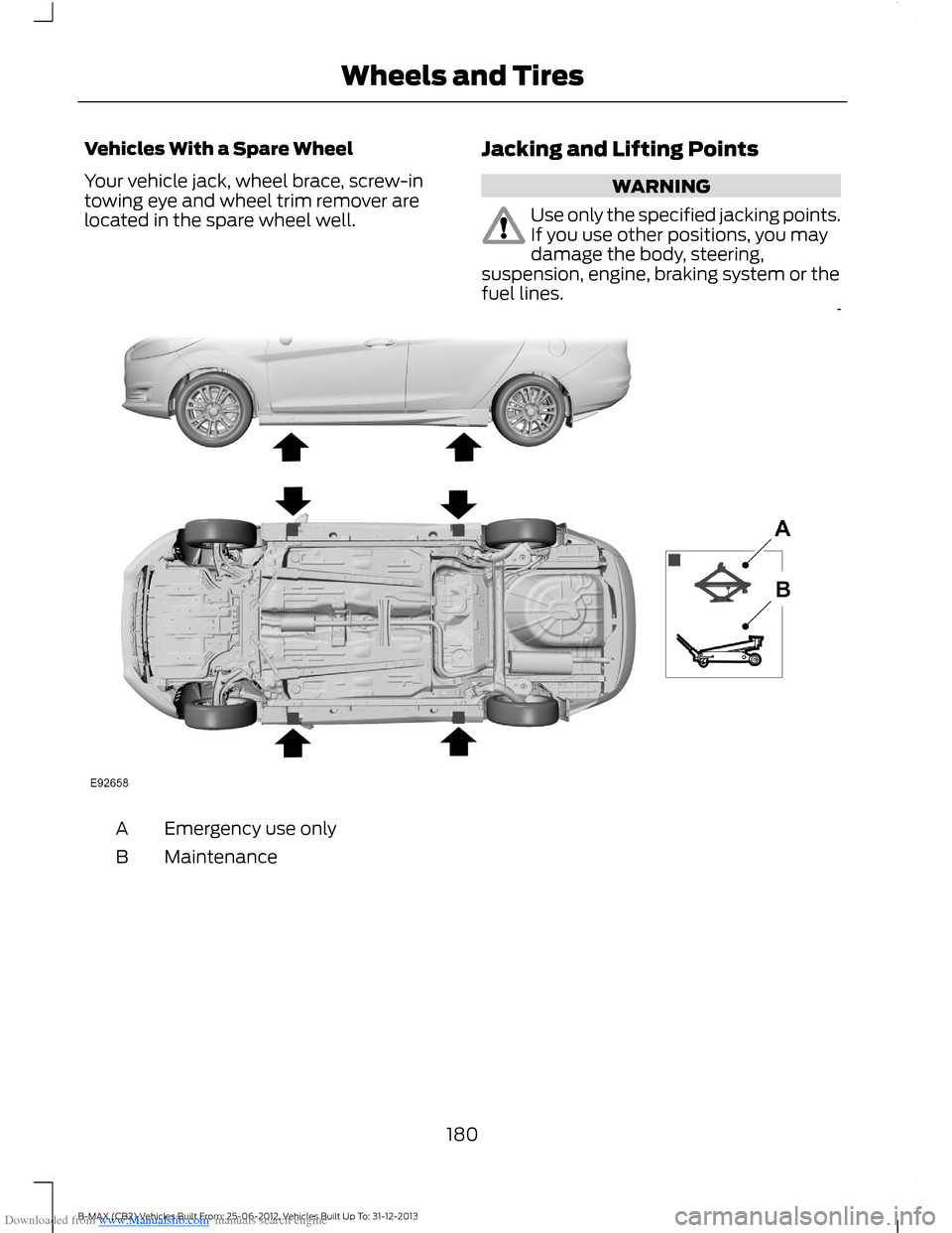 FORD B MAX 2013 1.G Owners Manual Downloaded from www.Manualslib.com manuals search engine Vehicles With a Spare Wheel
Your vehicle jack, wheel brace, screw-intowing eye and wheel trim remover arelocated in the spare wheel well.
Jacki