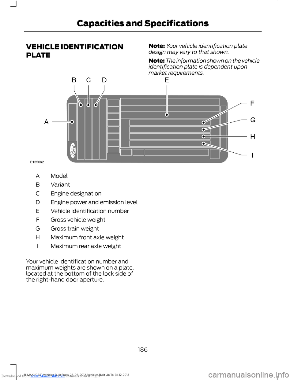 FORD B MAX 2013 1.G Owners Manual Downloaded from www.Manualslib.com manuals search engine VEHICLE IDENTIFICATION
PLATE
Note:Your vehicle identification platedesign may vary to that shown.
Note:The information shown on the vehicleiden FORD B MAX 2013 1.G Owners Manual Downloaded from www.Manualslib.com manuals search engine VEHICLE IDENTIFICATION
PLATE
Note:Your vehicle identification platedesign may vary to that shown.
Note:The information shown on the vehicleiden