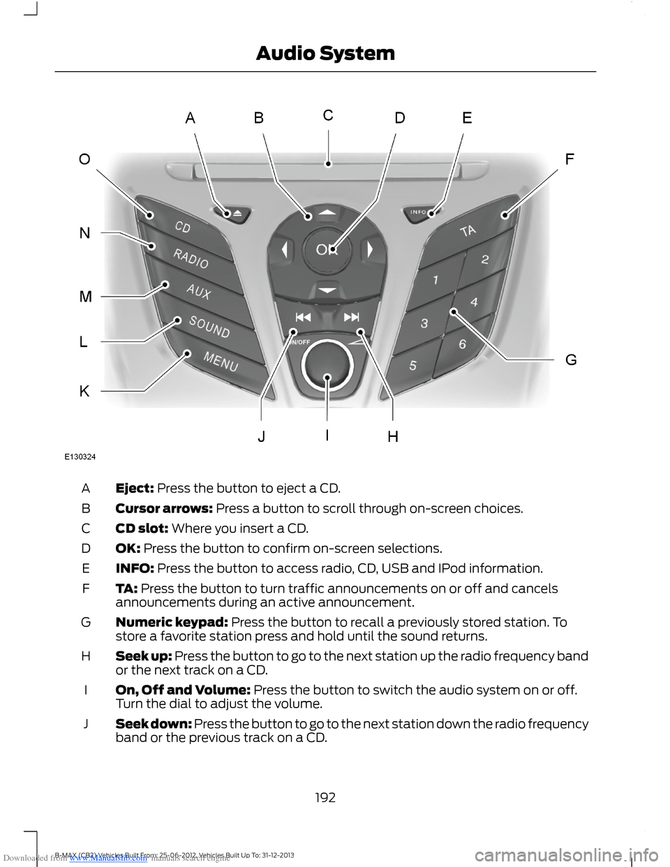 FORD B MAX 2013 1.G Owners Manual Downloaded from www.Manualslib.com manuals search engine Eject: Press the button to eject a CD.A
Cursor arrows: Press a button to scroll through on-screen choices.B
CD slot: Where you insert a CD.C
OK FORD B MAX 2013 1.G Owners Manual Downloaded from www.Manualslib.com manuals search engine Eject: Press the button to eject a CD.A
Cursor arrows: Press a button to scroll through on-screen choices.B
CD slot: Where you insert a CD.C
OK