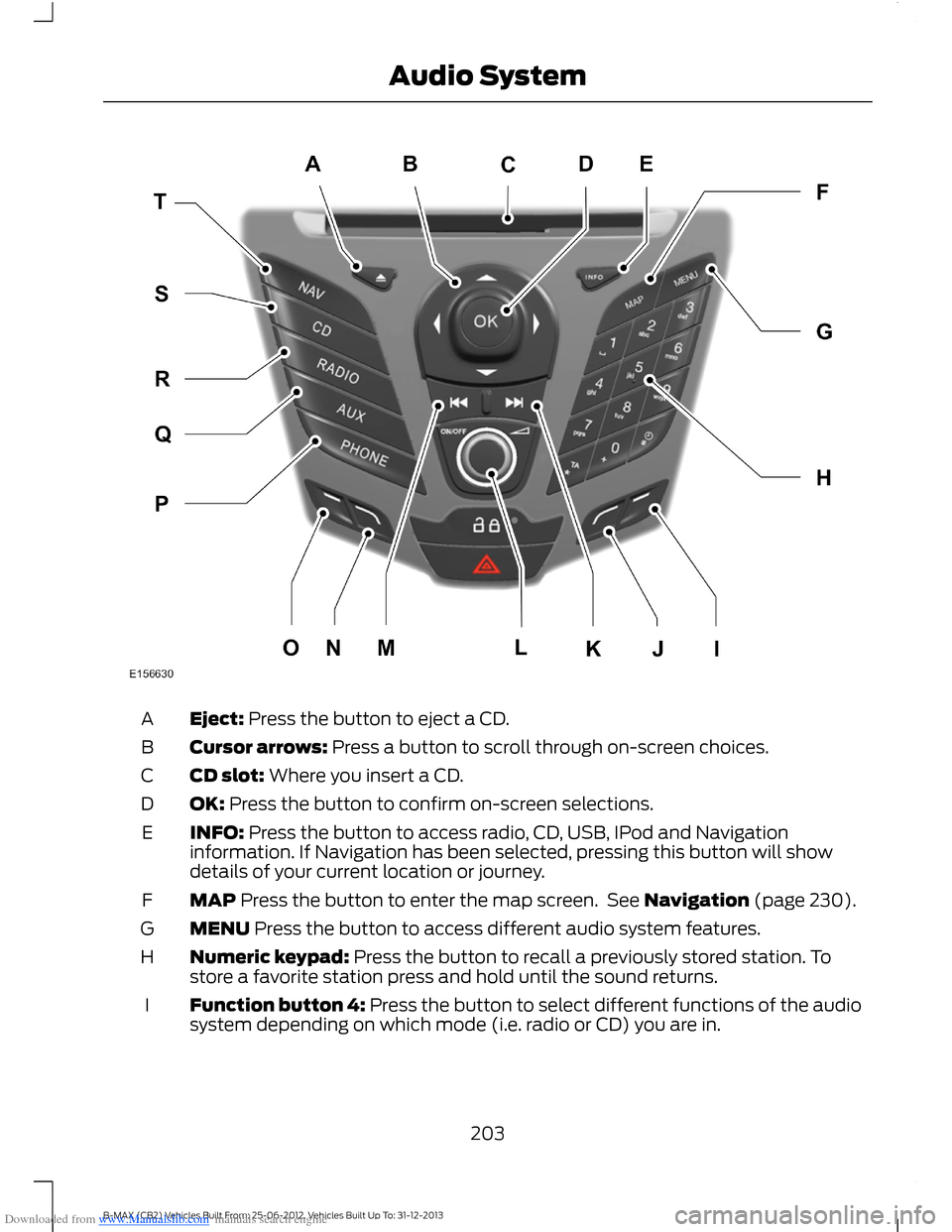FORD B MAX 2013 1.G Owners Manual Downloaded from www.Manualslib.com manuals search engine Eject: Press the button to eject a CD.A
Cursor arrows: Press a button to scroll through on-screen choices.B
CD slot: Where you insert a CD.C
OK FORD B MAX 2013 1.G Owners Manual Downloaded from www.Manualslib.com manuals search engine Eject: Press the button to eject a CD.A
Cursor arrows: Press a button to scroll through on-screen choices.B
CD slot: Where you insert a CD.C
OK