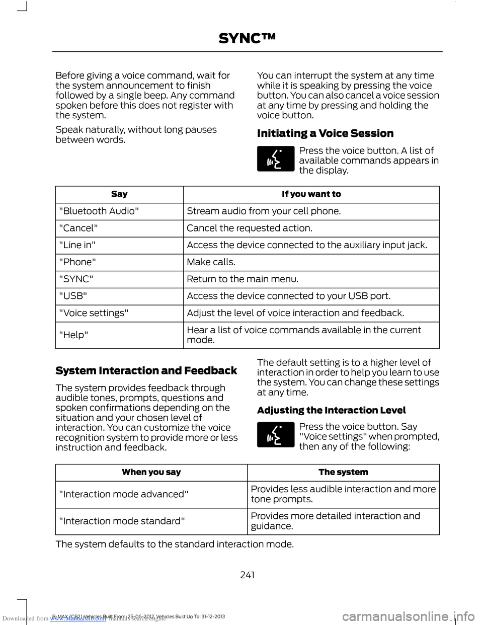 FORD B MAX 2013 1.G Owners Manual Downloaded from www.Manualslib.com manuals search engine Before giving a voice command, wait forthe system announcement to finishfollowed by a single beep. Any commandspoken before this does not regis